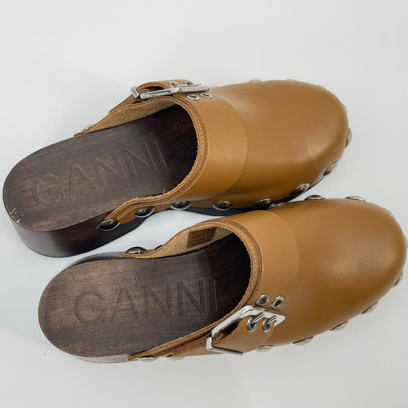 GANNI | Leather Studded Retro Clogs Tiger's Eye Brown Size 38 / US 8 - Picture 12 of 14